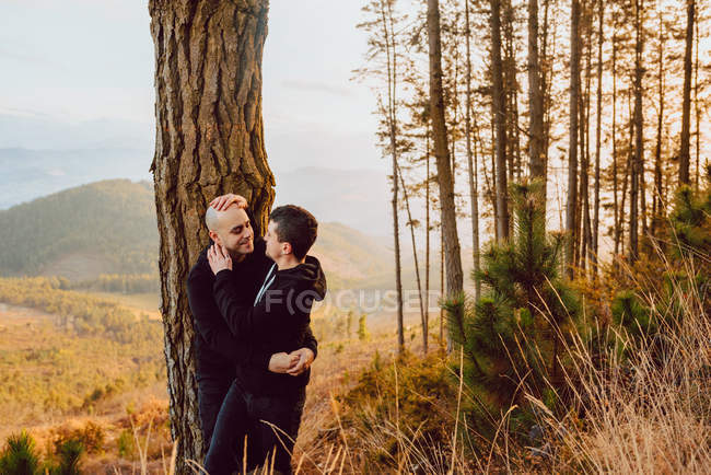 Alegre casal homossexual abraçando e olhando para a câmera perto da árvore na floresta e vista pitoresca do vale — Fotografia de Stock