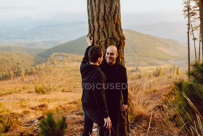Весела гомосексуальна пара стоїть і дивиться один на одного біля дерева в горах — стокове фото