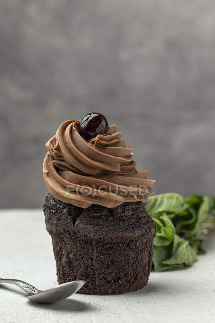 Delicioso cupcake de chocolate casero sobre fondo borroso - foto de stock