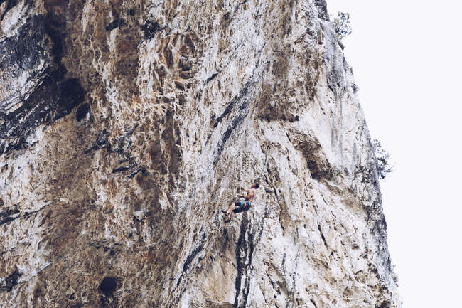 Vue latérale d'un mâle méconnaissable en short escaladant une falaise rugueuse par une journée ensoleillée à la campagne — Photo de stock