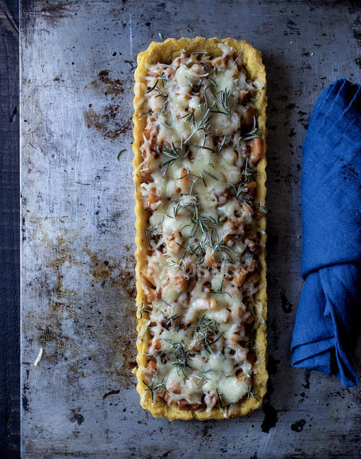 Homemade tart with pumpkin and Emmental cheese on shabby tray on wooden table — Stock Photo