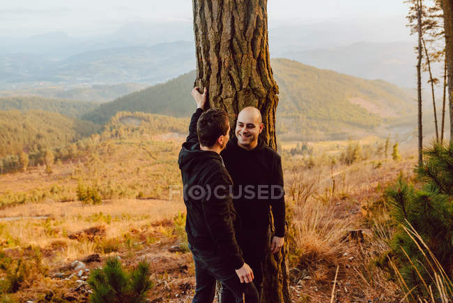 Cheerful homosexual couple embracing near tree in forest and picturesque view of valley — Stock Photo