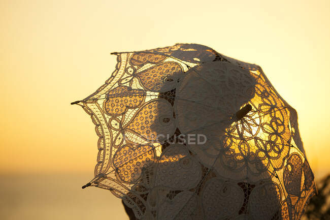 Vue latérale de la silhouette de la fiancée avec voile nuptial tenant parapluie vintage en soirée sur fond flou — Photo de stock