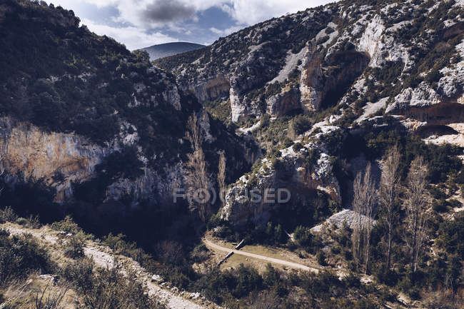 Зверху дивовижний вид на стежку між високими скелястими пагорбами з зеленими рослинами в сонячний день — стокове фото