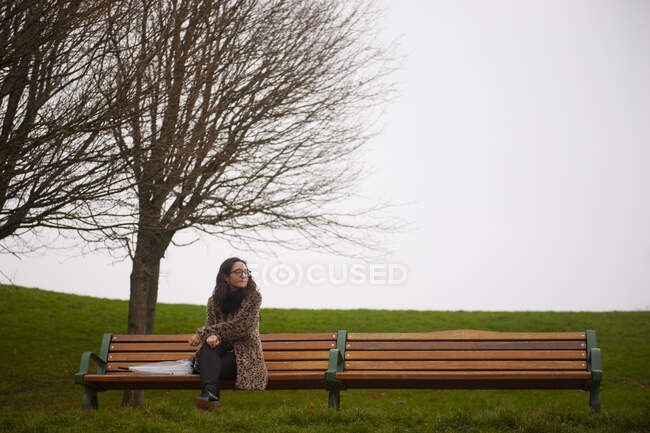 Beautiful female with umbrella looking away while sitting on bench near leafless trees on misty day in quiet park — Stock Photo
