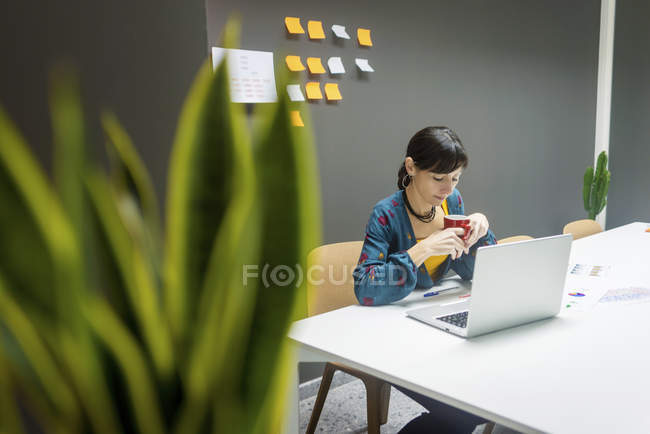 Зосереджена бізнес-леді з чашкою гарячого напою переглядаючи ноутбук під час роботи в сучасному офісі — стокове фото