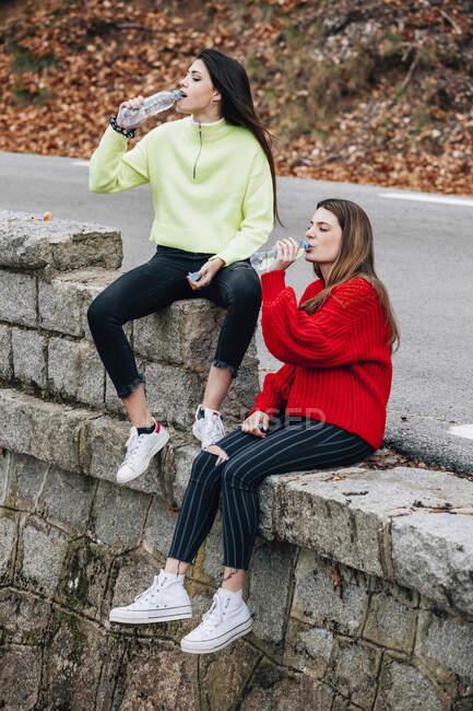 Jeunes amis élégants attrayants en chandails tricotés lumineux boire de l'eau des bouteilles et assis sur des pierres près de la route — Photo de stock