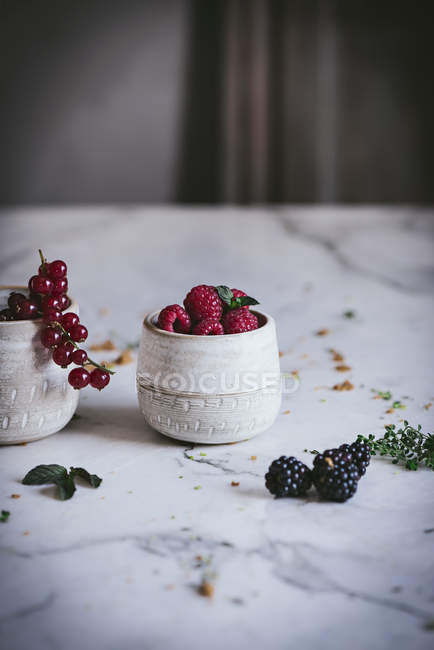 Свіжі літні ягоди в чашках на поверхні білого мармуру — стокове фото