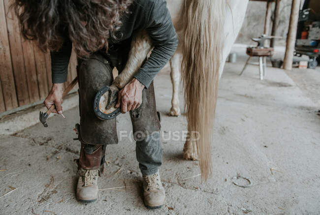 Unrecognizable adult man using knife to remove dirt from hoof of horse on ranch — Stock Photo