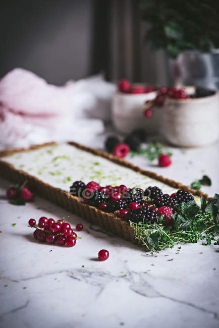 Лаймовий пиріг зі свіжими ягодами на поверхні білого мармуру — стокове фото