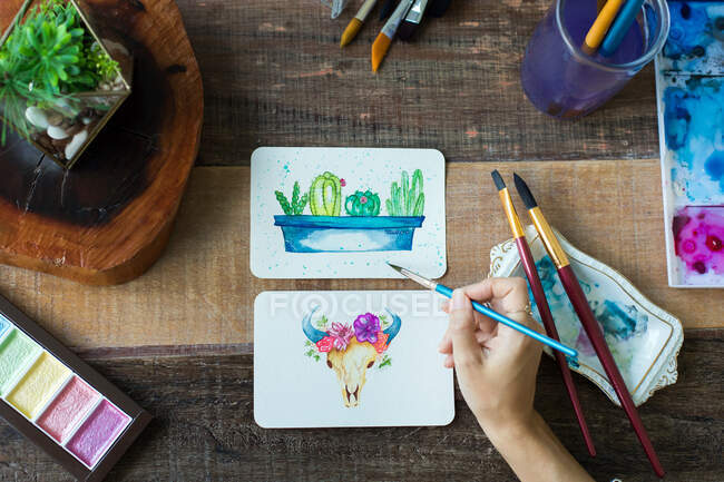Mexican watercolor, cactus and cattle cow paintings. — Stock Photo