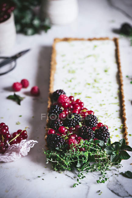 Лаймовий пиріг зі свіжими ягодами на поверхні білого мармуру — стокове фото