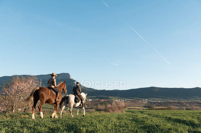 Mann und Frau auf Pferden auf Ranch — Stockfoto