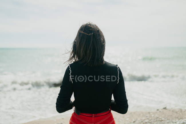 Rückansicht der brünetten Frau, die den Blick auf das ruhige Meer genießt, während sie am sonnigen Strand steht — Stockfoto