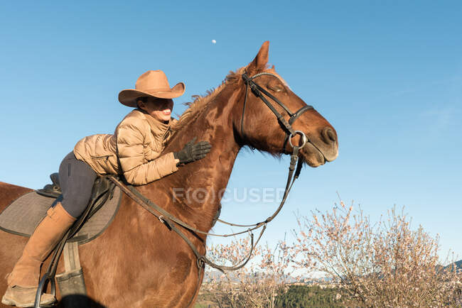 Жінка в капелюсі дивиться в сторону і сидить на красивому коні проти безхмарного блакитного неба на лузі — стокове фото