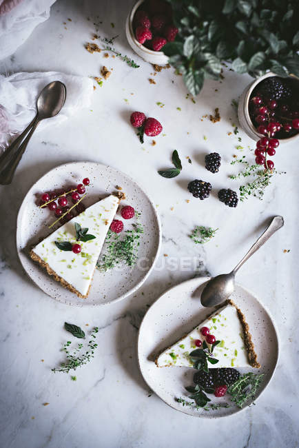 Kalkkuchenstücke mit frischen Beeren auf Tellern auf weißem Marmor — Stockfoto