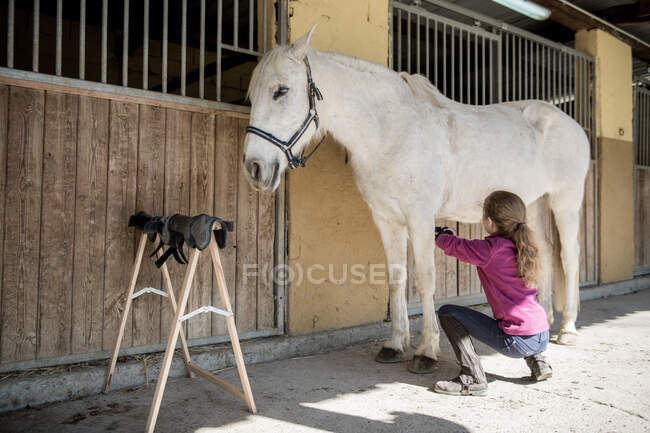 Menina anônima cuidando de cavalo perto estável após lição no dia ensolarado no rancho — Fotografia de Stock