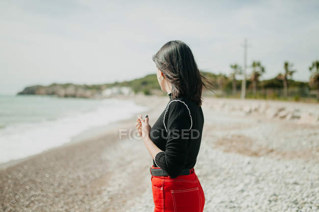 Vista lateral de la joven mujer admirando la vista del mar tranquilo mientras está de pie en la playa soleada - foto de stock