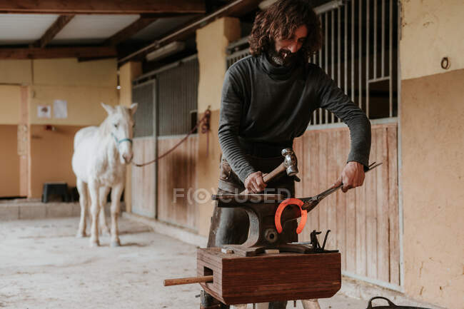 Farrier adulto usando martelo e pinças para forjar ferradura quente na bigorna portátil perto estável no rancho — Fotografia de Stock