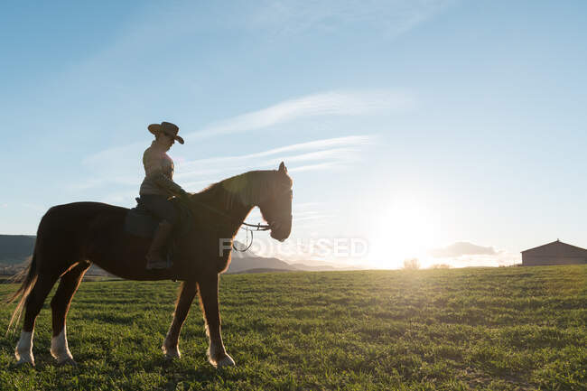 Mulher montando cavalo contra o pôr do sol céu no rancho — Fotografia de Stock