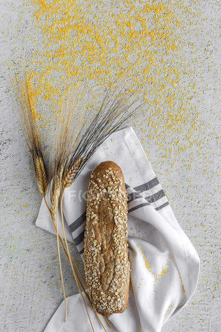 Pan de grano recién horneado sobre fondo blanco con semillas y espigas de trigo - foto de stock
