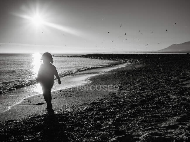 Imagen en blanco y negro de una silueta de chica irreconocible caminando por la orilla del mar al atardecer - foto de stock