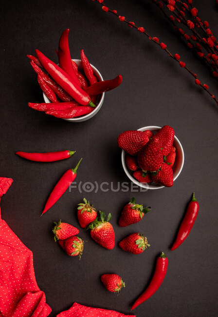 Tela roja y ramitas con brotes brillantes colocadas sobre fondo negro cerca de chiles picantes y fresas maduras dulces - foto de stock