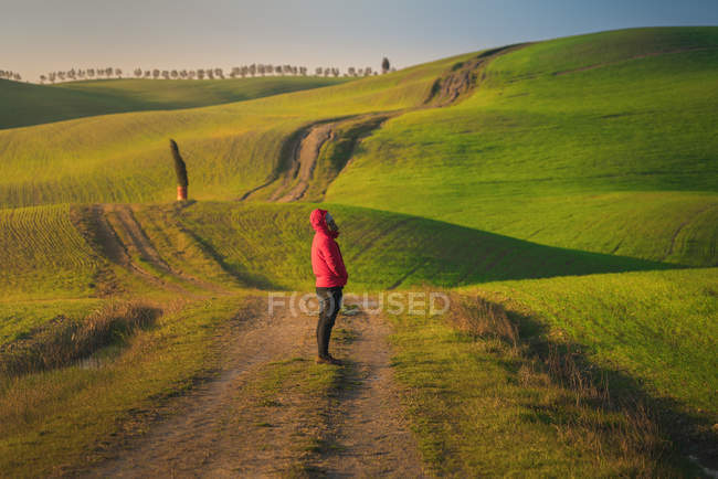 Человек в куртке, стоящий на пустой сельской дороге в величественных зеленых полях Италии — стоковое фото