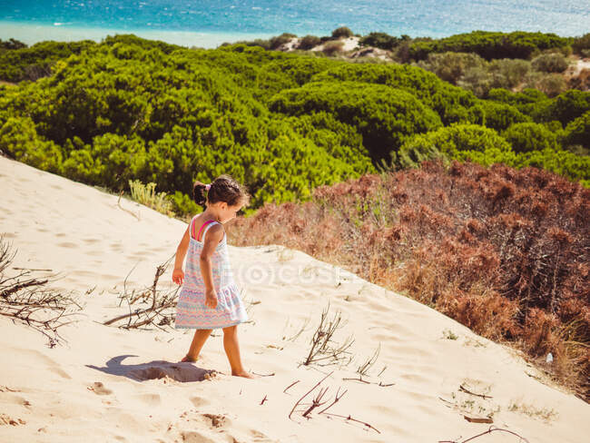 Niñas pequeñas dando un paseo por la playa en un día soleado - foto de stock
