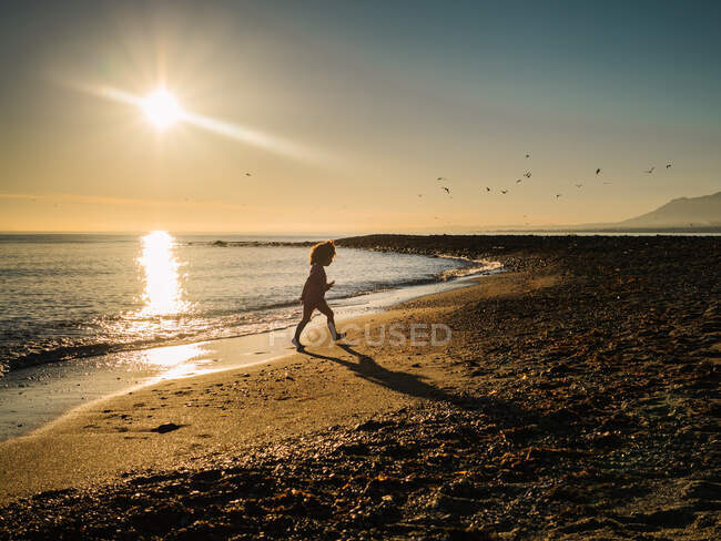 Silhouette of unrecognizable girl walking by the seashore at sunset — Stock Photo