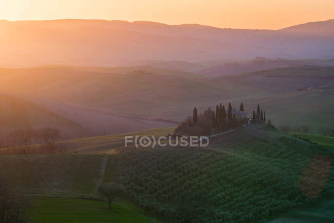 Мальовничий ландшафт зелених полів з котеджами та деревами у яскравому Sunset Light, Італія — стокове фото