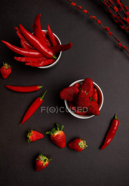 Roter Stoff und Zweige mit hellen Knospen auf schwarzem Hintergrund in der Nähe scharfer Chilischoten und reifer Erdbeeren — Stockfoto