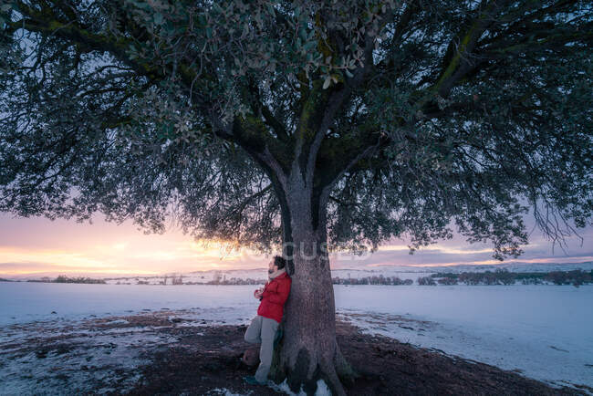 Vue latérale d'un homme d'âge moyen en vêtements chauds jouant de la guitare sous un arbre sur fond de paysage enneigé — Photo de stock