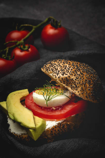 Sandwich vegetale fatto in casa sano su tessuto nero — Foto stock