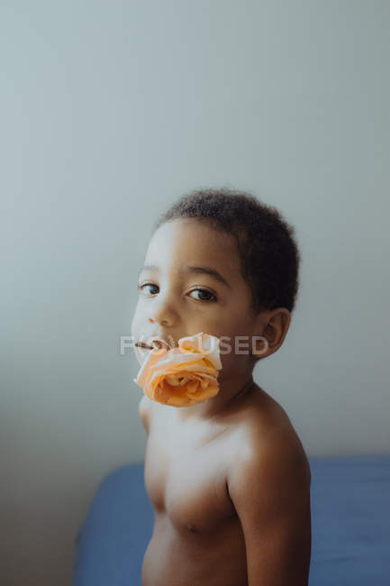 Criança sentada no quarto acolhedor com rosa na boca olhando para a câmera — Fotografia de Stock