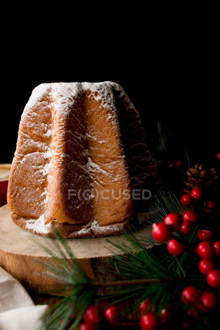 Conifer branch with red berries placed near board with fresh Italian Pandoro against black background. — Stock Photo