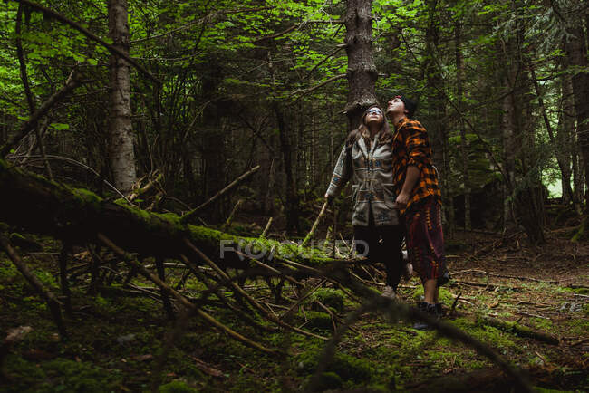 Молода пара в повсякденному вбранні, дивлячись вгору, стоячи біля моховинного падаючого дерева в зеленому лісі — стокове фото
