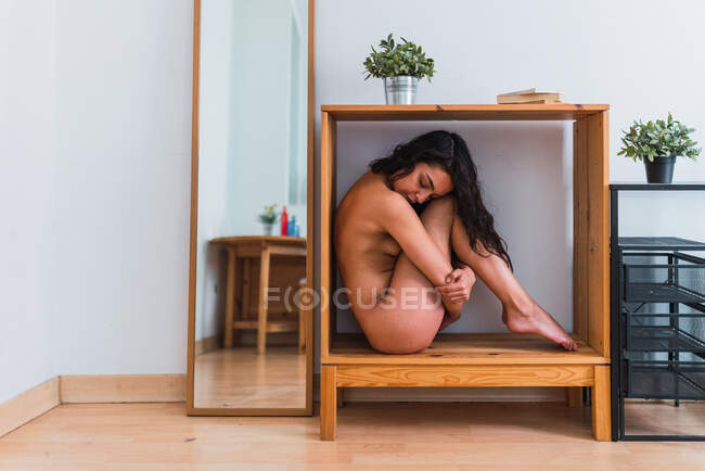 Seitenansicht einer nackten Frau, die sich in einem Holzschrank in einem gemütlichen Raum zu Hause einschmiegt — Stockfoto