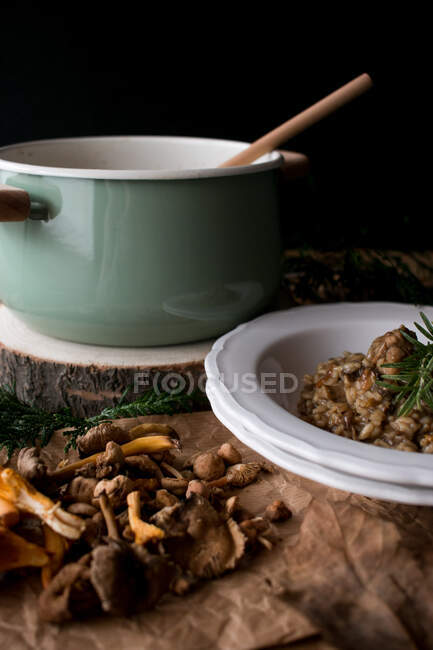 Poêle et assiette de délicieux risotto de riz avec de la viande de lapin et des champignons décorés de brin de romarin frais dans la cuisine — Photo de stock