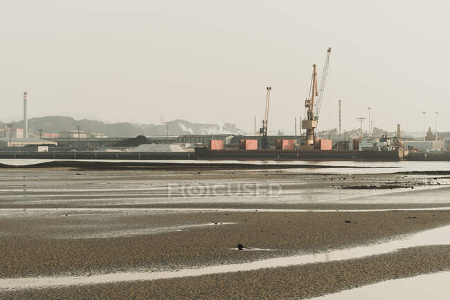 Industrial landscape with sea bay and port cranes — Stock Photo