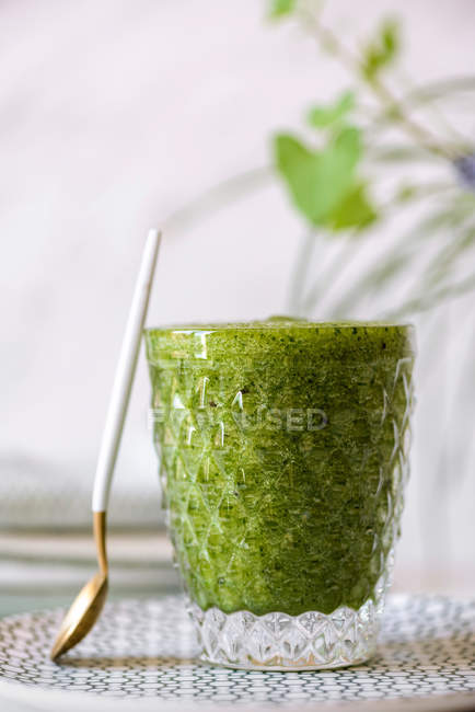Gesunder grüner Smoothie aus Spinat, Avocado und Kiwi, Apfel und Zitrone im Glas auf gemustertem Teller — Stockfoto