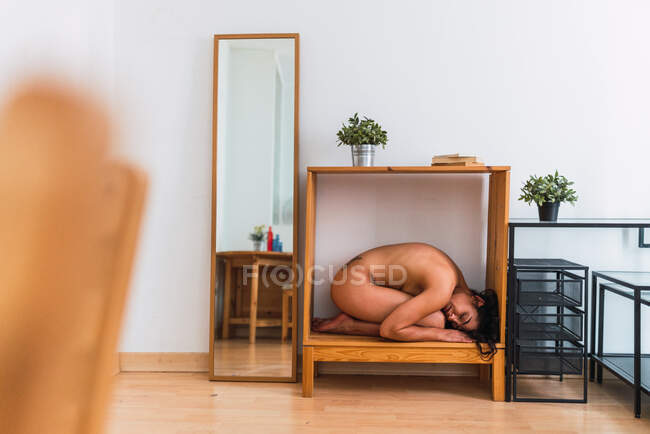 Seitenansicht einer nackten Frau, die sich in einem Holzschrank in einem gemütlichen Raum zu Hause einschmiegt — Stockfoto