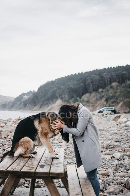 Молодая женщина обнимает грустную собаку на берегу моря — стоковое фото