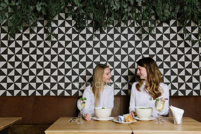 Deux jolies dames souriantes et ayant un déjeuner sain dans un restaurant confortable ensemble — Photo de stock