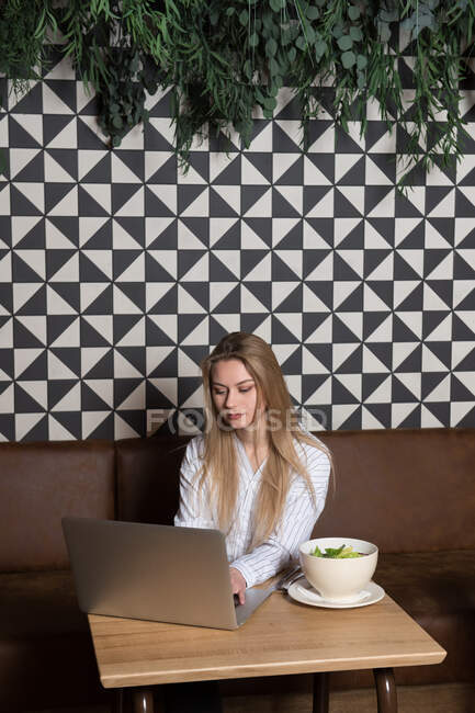 Femmina freelance navigando computer portatile moderno mentre seduto a tavola con ciotola di insalata sana in accogliente ristorante — Foto stock
