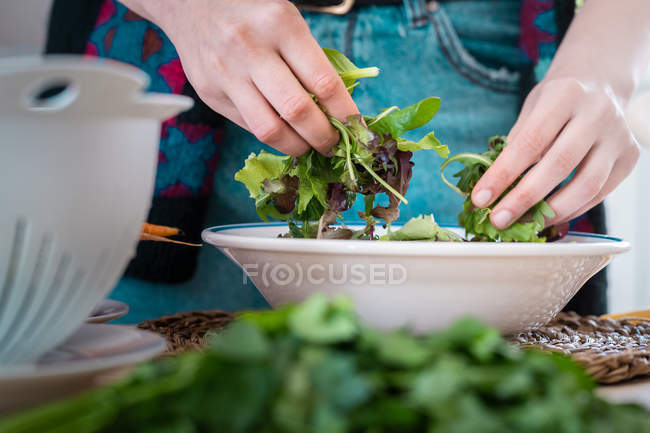 Imagem cortada de mulher em casaco multicolorido preparando legumes enquanto cozinha salada saudável na cozinha — Fotografia de Stock