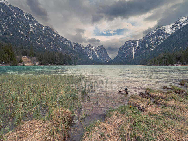 Pintoresca vista de la superficie del agua y la orilla con colinas de piedra y cielo nublado - foto de stock