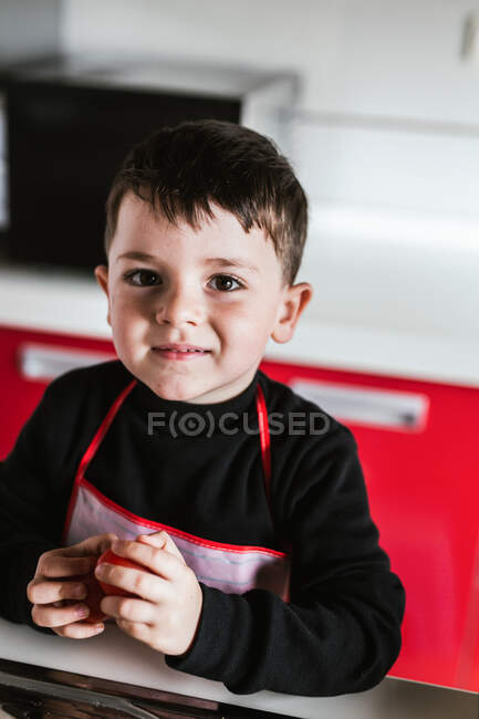 Niño sosteniendo tomates para cocinar ensalada saludable en la cocina - foto de stock