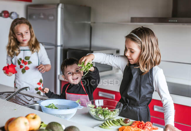 Niñas y niños jugando mientras cocinan ensalada saludable en la cocina juntos - foto de stock