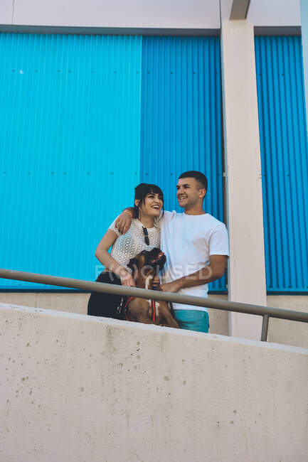 Paar mit Boxer-Hund umarmte und beobachtete von einer Terrasse aus die Stadt — Stockfoto